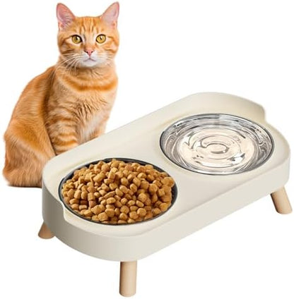Elevated Cat Bowl, Raised Cat Food and Water Bowl Set for Indoor Cats, Splash Proof with 2 Stainless Steel Pet Food Bowls for Cats and Puppies, Whisker Fatigue and Dishwasher Safe - White by HIAIEVIY