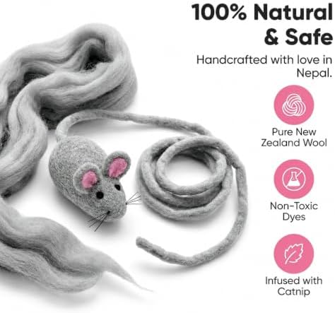 Glaciart One XXL Felt Mouse Cat Toy – 6” Body + 98” Tail – Large Cat Enrichment Toy – 100% Natural Wool with Catnip – Interactive Teaser for Big Cats – Safe Non-AZO Dyes - Image 3