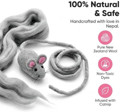 Glaciart One XXL Felt Mouse Cat Toy – 6” Body + 98” Tail – Large Cat Enrichment Toy – 100% Natural Wool with Catnip – Interactive Teaser for Big Cats – Safe Non-AZO Dyes - Image 3