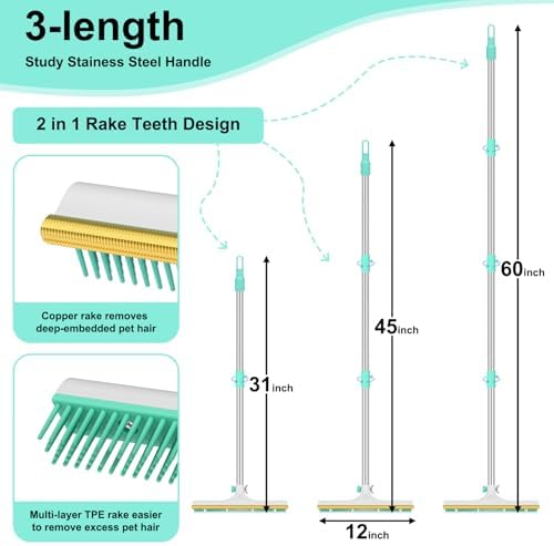 Carpet Rake for Pet Hair Removal - 60" Adjustable Long Handle Carpet Rake, 3 in 1 Reusable Pet Hair Removal Tool Kit, Cat Dog Fur Rakes Scraper Carpet Broom (White) - Image 3