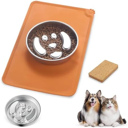 Stainless Steel Slow Feeder Dog Bowls – Non-Slip Metal Dog Bowl for Large & Medium Breeds, Puppy Puzzle Feeder – 2 Cup Capacity for Small to Big Pets – Durable Slow Feed Dog & Cat Food Dish with Mat by Unknown