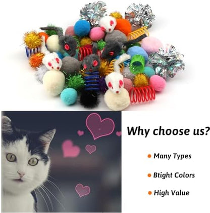 QUOZUO 60 Packs Cat Toys Balls Set Spiral Springs Assorted, Kitten Sparkle Ball, Mouse Toys, Cat Crinkle Balls Springs, Soft Pom Pom Balls - Image 5