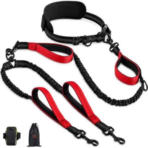 Hands Free Double Dog Leash, 4 Reflective Padded Handles, Adjustable Waist Belt 27-51", Shock-Absorbing Bungee, 360° Swivel Clips, for Small, Medium & Large Dogs, Walking Jogging Running by Unknown
