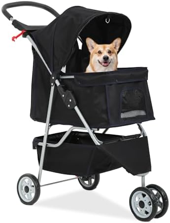 FDW Pet Stroller 3-Wheel Durable Foldable Cat Dog Stroller with Washable Liner Storage Basket Cup Holder,Dark Black by FDW