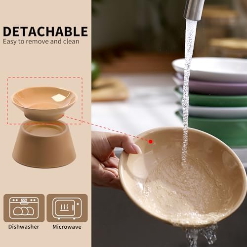 MS!MAKE SURE Cat Food Bowls Elevated - Ceramic Cat Water Bowls Whisker Friendly with Stand Tilted Non Slip Flat Detachable Anti Vomiting for Indoor Cats Milk Tea - Image 6