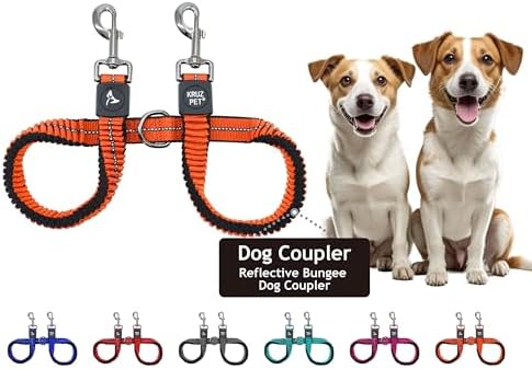 Kruz Double Dog Leash for Two Dogs (Width - 1”, Length 20”-42”) Dual Leash Coupler with Tangle-Free Swivel, Shock-Absorbing Reflective Bungee for Comfortable Walking & Training (Orange, Large) by KRUZPET