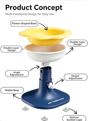 Elevated Pet Bowl with Stand, Flower Shape, Adjustable Height, Cat Dog Food Water Dis (Yellow Blue) - Image 6