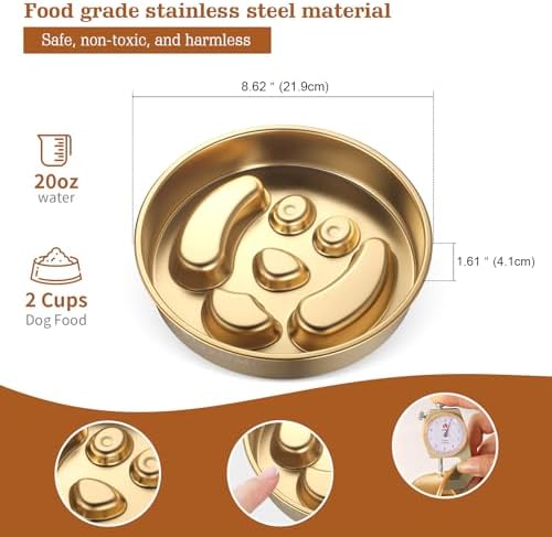 Golden Stainless Steel Slow Feeder Dog Bowls – Non-Slip Metal Dog Bowl for Large & Medium Breeds, Puppy Puzzle Feeder – 2 Cup Capacity for Small to Big Pets – Durable Slow Feed Dog & Cat Food Dish - Image 2