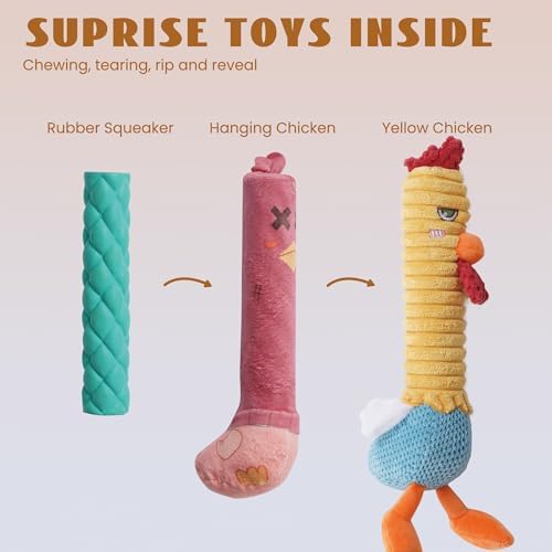 Nocciola 3 in 1 Rip and Reveal Chicken Dog Toy, Suprise Toys Inside- Durable Stuffed Squeaky Crinkle Chew Animal Toy for Medium Large Breed, Funny Cute Teething Keep Busy Pet Supplies - Image 3