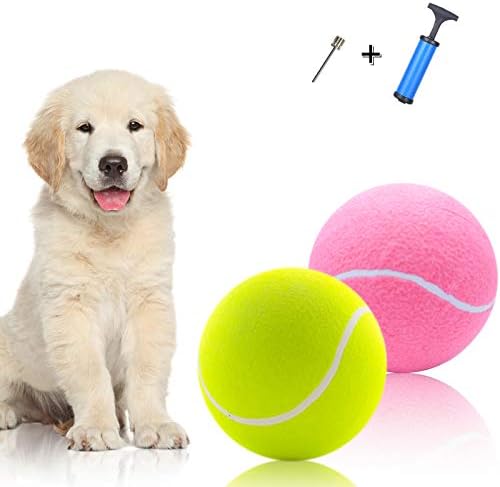 Banfeng Giant 9.5" Dog Tennis Ball, 2 Pack Oversize Interactive Puzzle Toy with 1*Ball Pump + 1*Needle for Small, Medium, Large Dogs (Yellow+Pink) by Banfeng