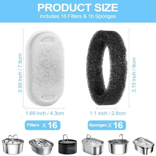 Cat Water Fountain Filter for Stainless Steel 108oz/3.2L& 67oz/2L Automatic Pet Water Dispenser Fountain Replacement Filter with Sponges (8 Filters & 8 Sponges) - Image 3