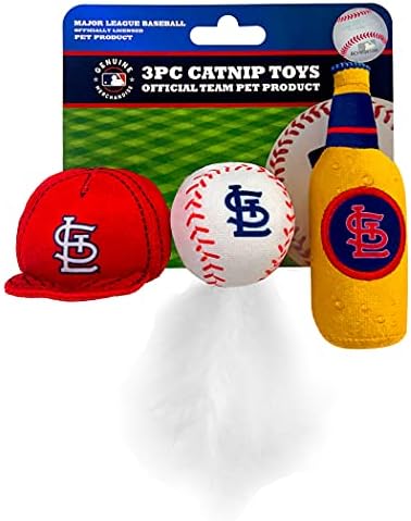 BEST PLUSH CAT TOY MLB ST LOUIS CARDINALS Complete Set of 3 piece Cat Toys filled with Fresh Catnip. Incl: 1 Baseball Cap Cat Toy, 1 Baseball Cat Toy with Feathers & 1 Beer Bottle. Beautiful Team LOGO by PETSFIRST