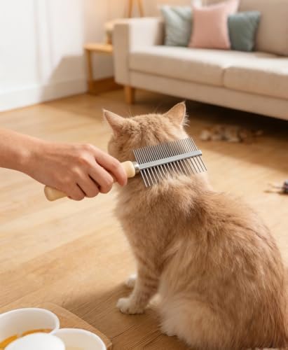 Double Row Undercoat Rake for Dogs & Cats - Wooden Handle Metal Dog Comb, Pet Grooming Dog Rake for Deshedding & Detangling - Image 2