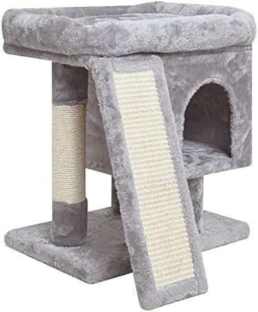 SYANDLVY Small Cat Tree for Indoor Cats, Cat Tower with Scratching Post, Modern Activity House for Large Cats, Condo with Board, Kittens Cave (Light Grey) by SYANDLVY