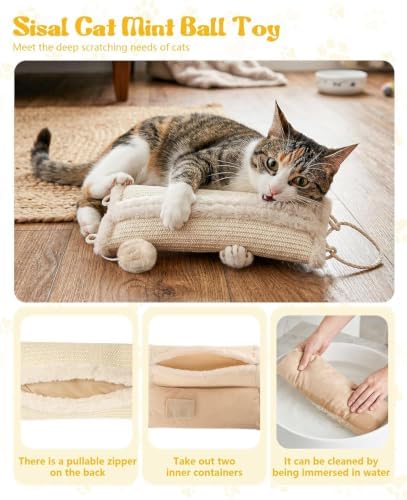 16.5 Inch Sisal Catnip Pillow Toy Kickers, Washable Sisal Cover, Interactive Cat Toys with Sisals Balls for Indoor Scratching, Chewing & Teething, Fun for Kittens and Adult Cats (Beige) - Image 5