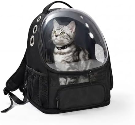 Amazon Basics Pet Carrier Backpack for Small Cats & Dogs, Collapsible Travel Carrier with Bubble Window & Breathable Mesh, Foldable for Travel, Black by AmazonBasics