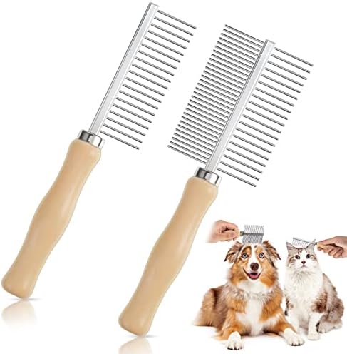 2 Pcs Pet Grooming Combs, Double Side Metal with Wooden Handle by Tessco