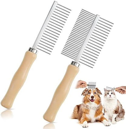 2 Pcs Pet Grooming Combs, Double Side Metal with Wooden Handle by Tessco