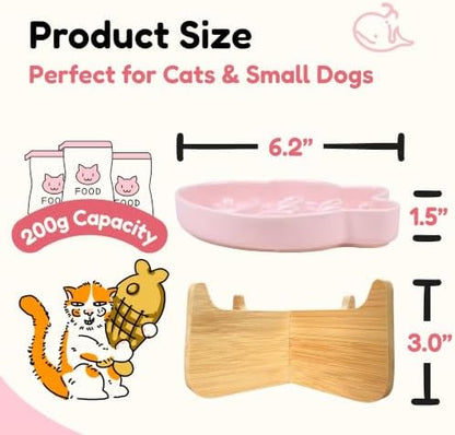 Elevated Slow Feeder Cat Bowl with Stand, 6.3''Ceramic Fish Maze Cat Food Bowl, Raised Whisker Friendly Wide Shallow Cat Dish for Wet & Dry Food, Non Slip Puzzle Feeder for Cats & Small Dogs (Pink) - Image 2