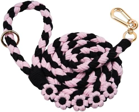 5FT Braided Cotton Rope Leash for Small, Medium and Large Dogs, Black & Pink Color by Panda+Jianghu