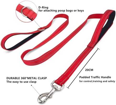 6 FT Red Nylon Reflective Dog Leash for Medium Dogs with 2 Padded Handle - Image 3