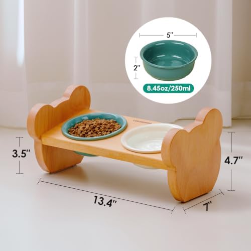 Elevated Double Ceramic Cat Bowls with Solid Beech Wood Stand, 10° Tilted - Image 2