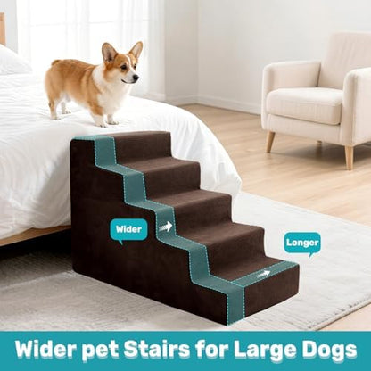 Dog Stairs for Bed, Extra Wide 5-Step Dog Steps for High Bed, High-Density Foam Pet Stairs with Non-Slip Removable Washable Cover for Small Pets, 23" H, Brown - Image 7