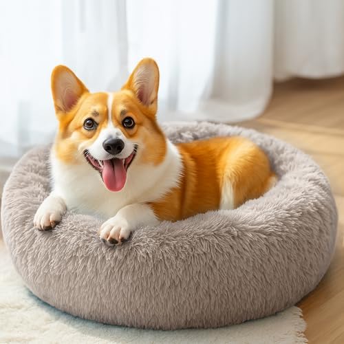 28in Large Dog Bed, Calming Donut Bed for Puppy and Kitten (Brown) - Image 5