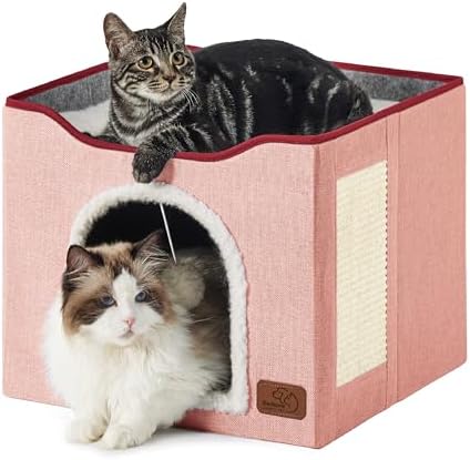 Bedsure Cat Beds for Indoor Cats - Large Cat Cave for Pet Cat House with Fluffy Ball Hanging and Scratch Pad, Foldable Cat Hideaway,16.5x16.5x13 inches, Pink by BEDSURE
