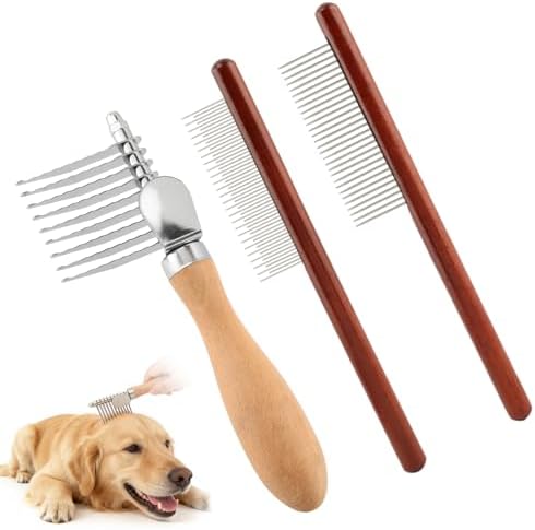 3 Pcs Pet Dematting Comb Set, Undercoat Rake & Stainless Steel Grooming Combs for Dogs & Cats, Serrated Tool to Remove Mats, Knots & Tangles for Wavy, Curly & Long Haired Pets by Unknown
