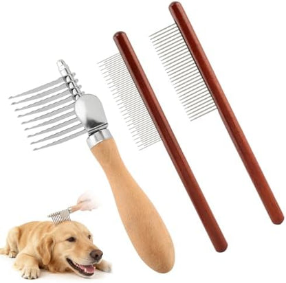 3 Pcs Pet Dematting Comb Set, Undercoat Rake & Stainless Steel Grooming Combs for Dogs & Cats, Serrated Tool to Remove Mats, Knots & Tangles for Wavy, Curly & Long Haired Pets by Unknown