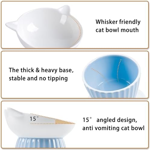 Ceramic Raised Cat Bowl，Tilted Raised Cat Bowl Anti Vomit Cat Bowls for Indoor Cats Whisker Friendly Pet Feeder for Cats Puppies, Microwave and Dishwasher Safe, Blue - Image 4
