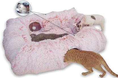 XxingSheep 4-Cave Plush XL Cat Tunnel Bed Indoor Cats Peekaboo Toy Mat Pink by XxingSheep