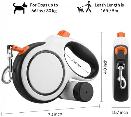 16ft Retractable Dog Leash for Medium Dogs up to 66 lbs, with Waste Bag Dispenser, 5m Heavy Duty Nylon Tape, 360° Tangle-Free, One-Handed Brake & Lock, Anti-Slip ABS Handle (16FT-White) - Image 2
