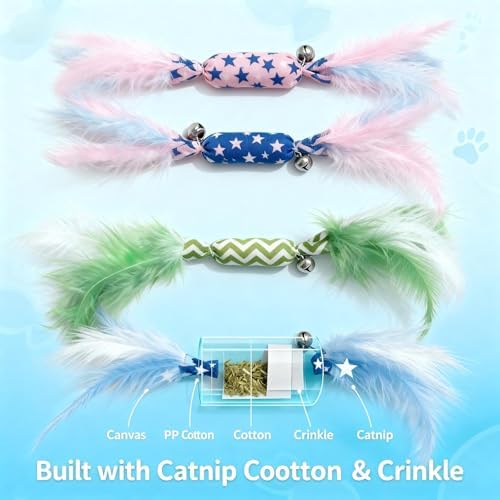 Catnip Toy Candy Shape with Bright Colors Feathers & Bell, Kicker Chew Toy for Indoor Cats, Enrichment Toys for Bored Kittens & Adult Cats, 3-Pack Crinkle Plush Toys for Teething and Play - Image 4