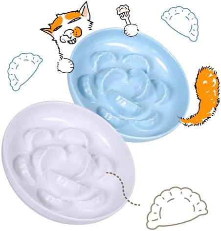 2 Pcs Cat Slow Feeder Bowl Set - Unbreakable Melamine Puzzle cat Bowl for Slow Eating - Cat Dish for Wet & Dry Food- Whisker Friendly & Dishwasher Safe & Non Slip Design - 6.3 x 6.3 '' (Blue+White) by FullCharm