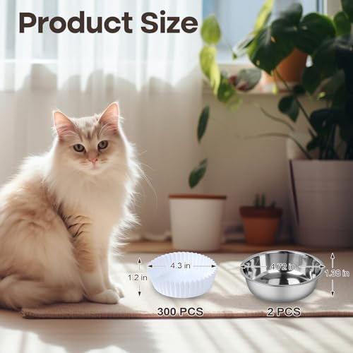 Cat Bowl Set (300 Disposable Pet Bowl Liners with 2 Stainless Steel Bowls) - Image 2