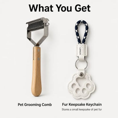 2-in-1 Undercoat Rake & Dematting Tool for Dogs & Cats - Professional Deshedding Brush with Wood Handle - Stainless Steel Grooming Rake for Long Haired Pets - With Paw Print Hair Keepsake Keychain - Image 2