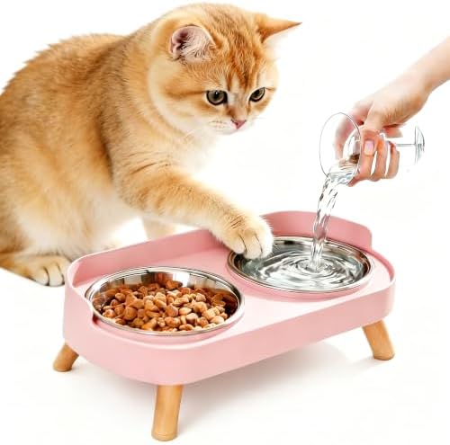 Elevated Cat Bowls, Raised Cats Food and Water Bowl Set for Indoor Cats, Splash Proof with 2 Stainless Steel Pet Food Bowls (Cat Bowls - Pink) by DIRZHX