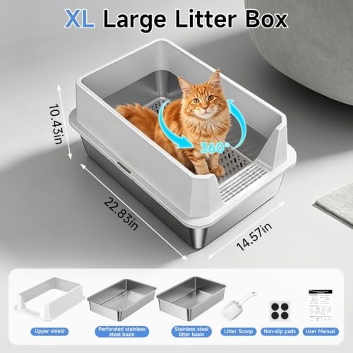 Stainless Steel Sifting Cat Litter Box for Pine Pellets, Light Gray - Image 2