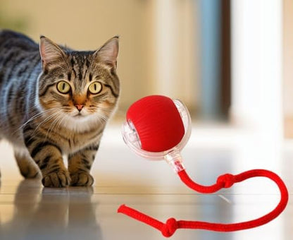 Automatic Cat Ball, RED, LED Lights, Indoors for Active Cats - Rechargeable, Smart Rolling, Speedy Tail/Rope - Image 4