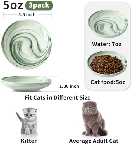 3 PCS Ceramic Cat Bowls, 5.5 in Pet Bowl Cat Dishes for Food and Water, Small Dog Dish(Marble Green) - Image 2