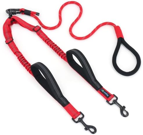 Double Dog Leash No Tangle – Dual Dog Leash for 2 Dogs with Shock Absorbing Bungee, 360° Swivel, Reflective Safety, Heavy Duty for Medium & Large Dogs (Carnation Red) by Wagtime+Club