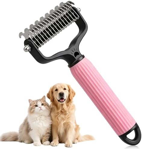 Double Sided Dematting Comb for Cats & Dogs, Undercoat Rake, Pet Grooming Brush for Long Hair, Deshedding Dog Brush Removes Tangles Knots and Loose Fur, Grooming Tool for Thick Coats(Pink) by Unknown
