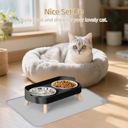 Elevated Cat Bowl with Food Mat, Raised Cat Food and Water Bowl Set for Indoor Cats, Splash Proof with 2 Stainless Steel Pet Food Bowls for Cats and Puppies,Whisker Fatigue and Dishwasher Safe (Black) - Image 7