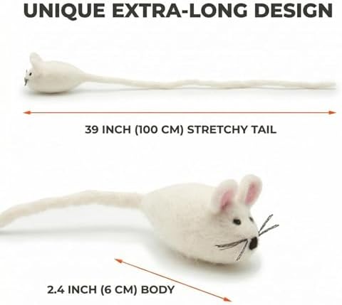 Glaciart One Felt Mouse Cat Toy – Soft Fuzzy Enrichment 100% Natural Wool - Interactive Catnip Play Cat Toy Set - Safe for Pets, Non-AZO Colored Dyes - 42” Long - Image 2