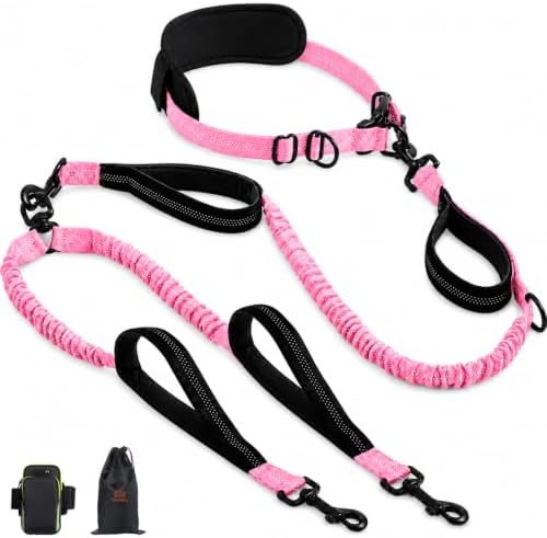 Hands Free Double Dog Leash, 4 Reflective Padded Handles, Adjustable Waist Belt 27-51", Shock-Absorbing Bungee, 360° Swivel Clips, for Small, Medium & Large Dogs, Walking Jogging Running by Unknown