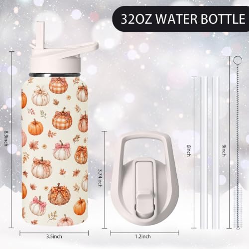 32 oz Fall Pumpkin Bow Insulated Water Bottle with Straw Lid, Stainless Steel Vacuum Leak Proof Flip Top Sports Water Bottle, Autumn Reusable Travel Mug for Gym Hiking, Fall Decor Gift for Women Girls - Image 2
