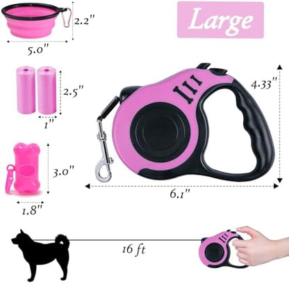 Retractable Dog Leash, 16 FT Dog Leash for Small Medium Dogs up to 33lbs, Pet Tape with Anti Slip Handle and Lock Nylon, 1 Silicone Dog Bowl, 1 Dispenser, 2 Waste Bag - Image 2