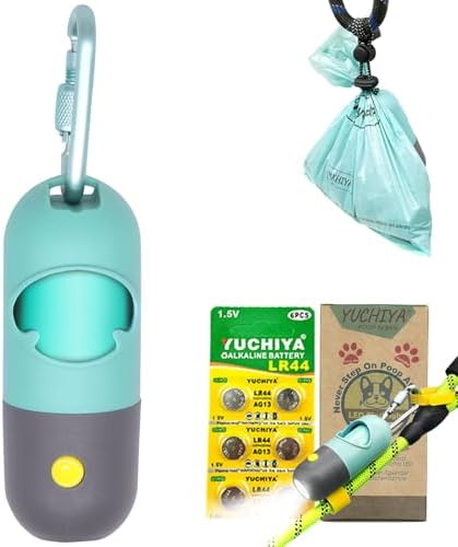 YUCHIYA Dog Poop Bags Holder with LED Flashlight, 15 Crystal Blue Bags, 3 Accessories, 3 LR44 Batteries Included by YUCHIYA